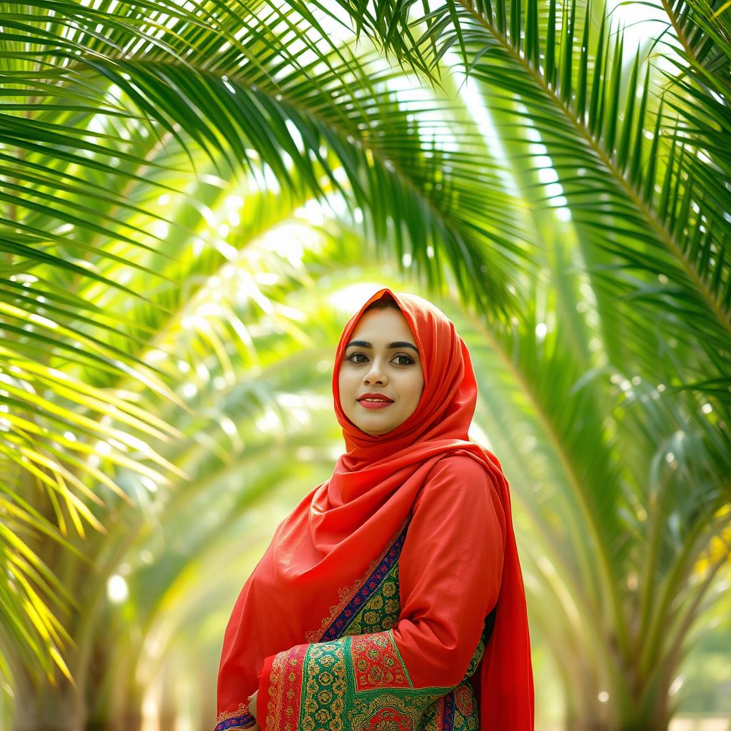 A beautiful Baluchi woman wearing a traditional hijab, standing gracefully amidst a serene palm grove