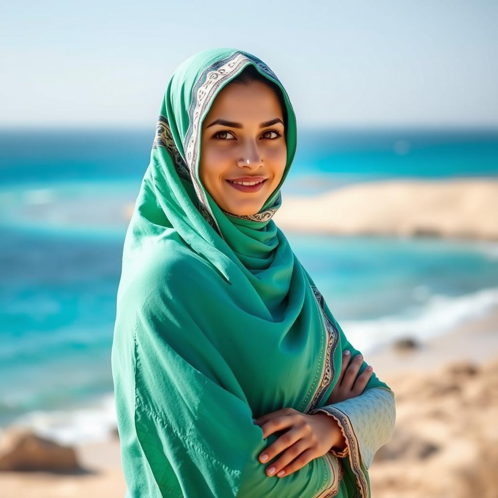 A beautiful woman wearing a traditional Balochi hijab, standing gracefully in Chabahar, Iran