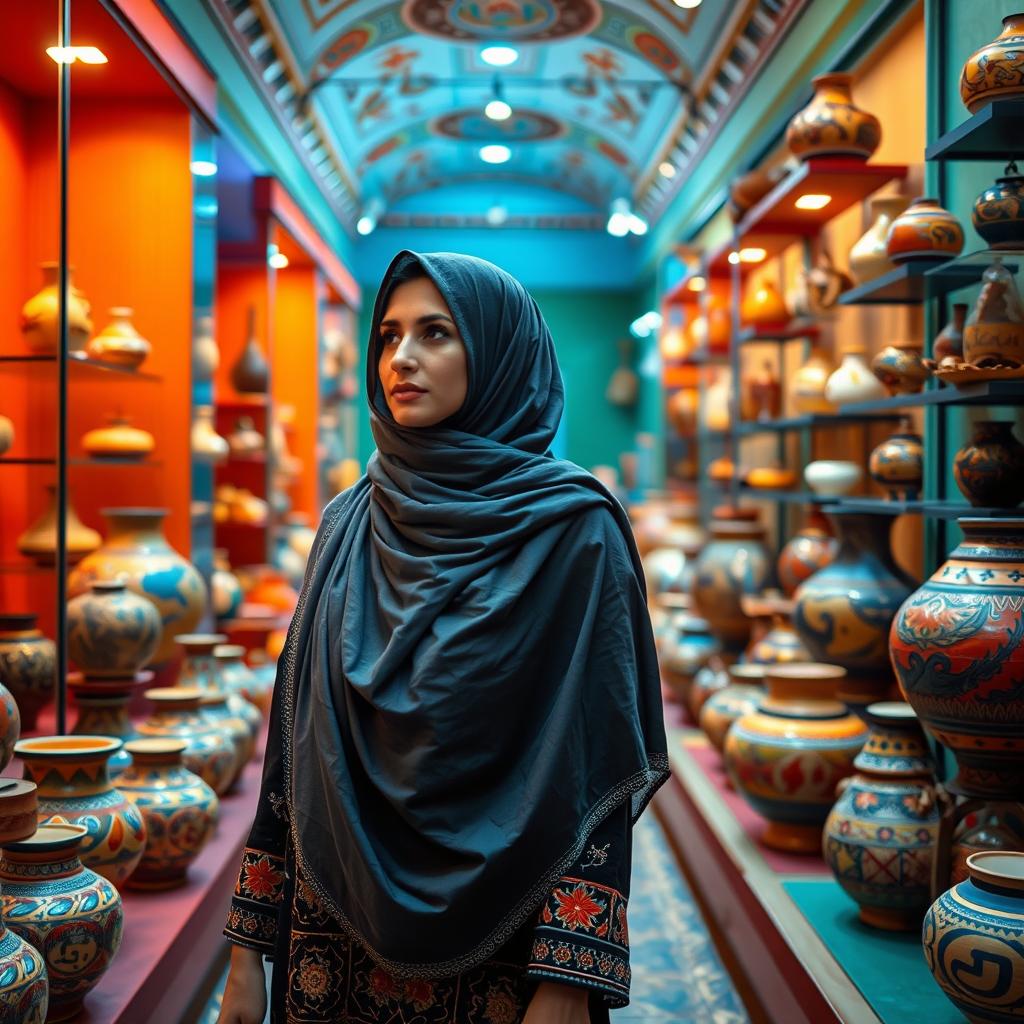 A beautiful Baloch woman wearing a traditional hijab, gracefully walking through an exquisite pottery museum filled with intricate ceramic artifacts from different cultures