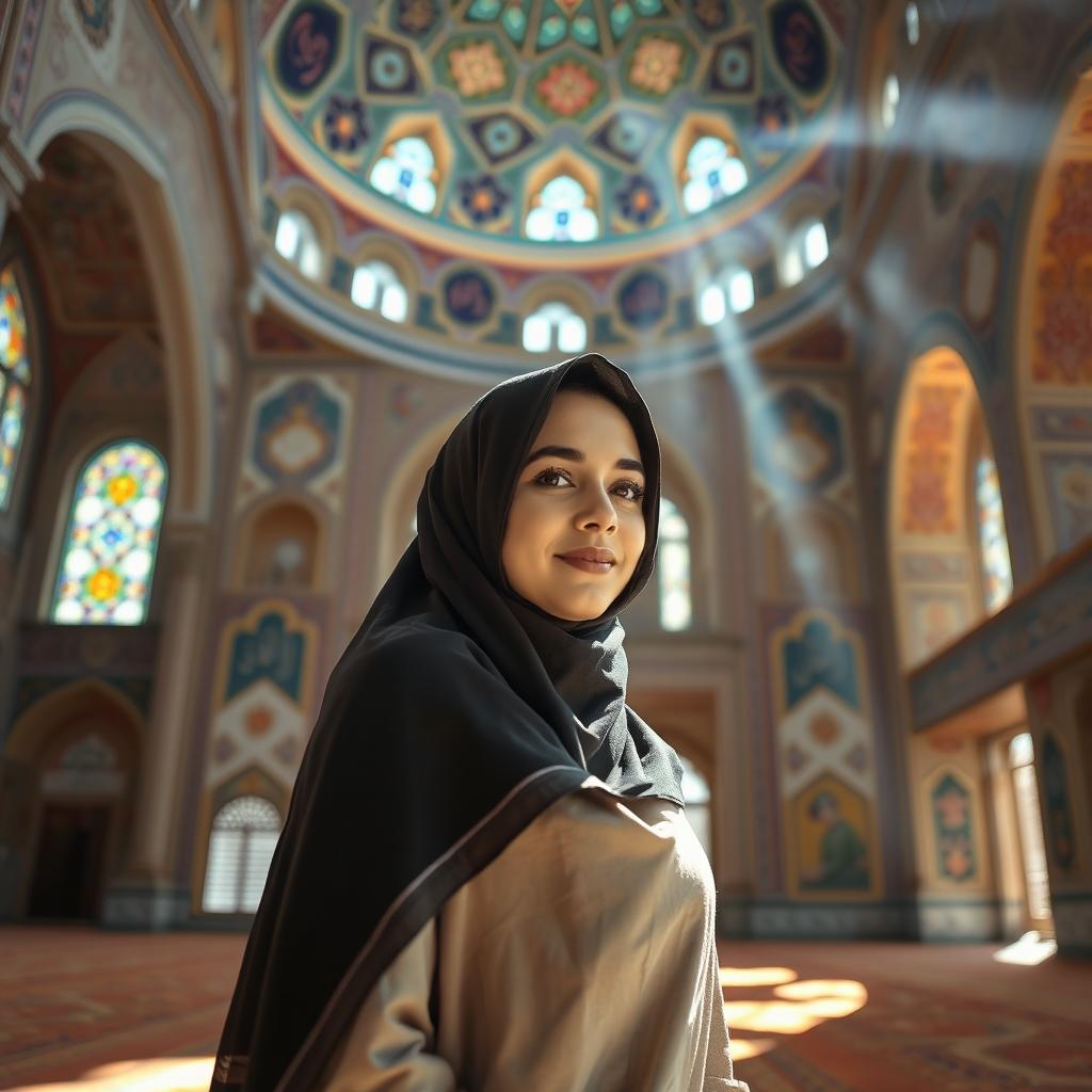 A beautiful Baloch woman wearing traditional hijab, standing inside a stunning mosque in Zahedan, showcasing intricate Persian architecture and vibrant colors