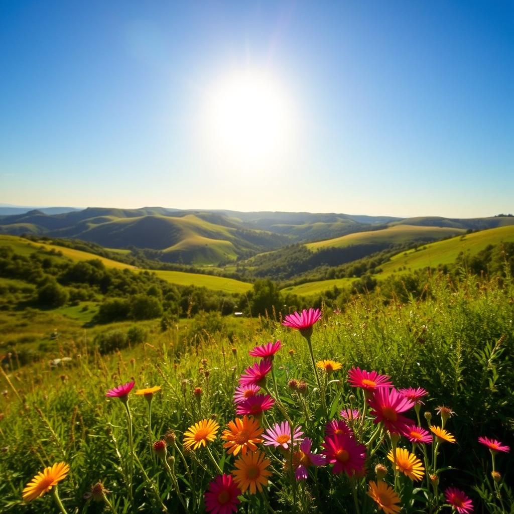 A scenic outdoor view featuring a captivating landscape with lush greenery, softly rolling hills, and a clear blue sky