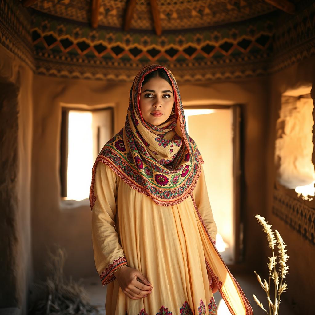 A beautiful Baluchi woman wearing a colorful hijab, gracefully standing in a traditional mud house (kaper)