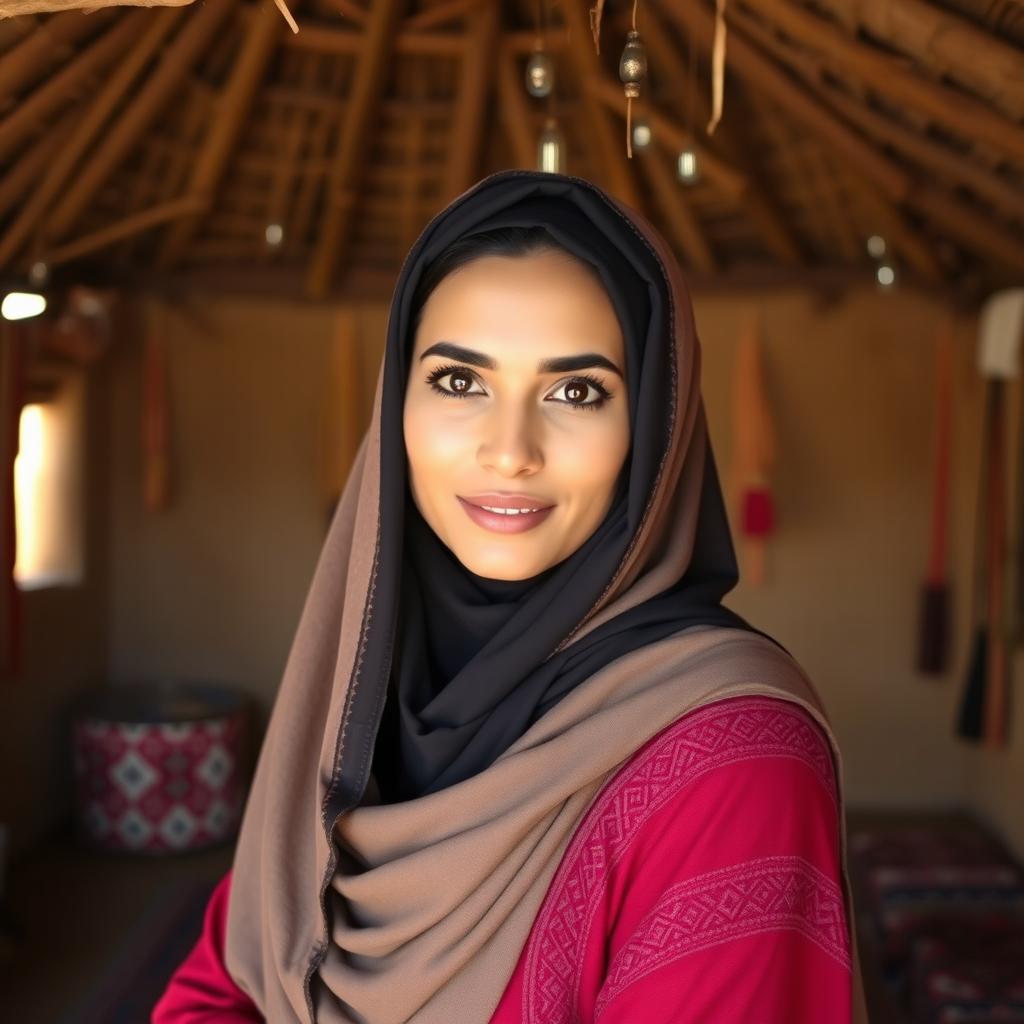 A beautiful Baluchi woman wearing a traditional hijab, standing elegantly in a rustic mud house (kaper) typical of Baluchi culture