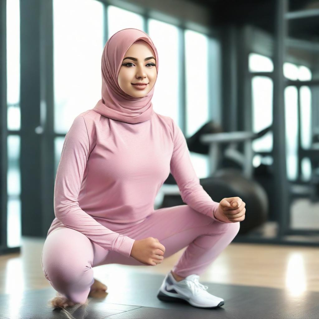 A confident woman in elegant hijab sportswear, actively working out in a modern, well-equipped gym.