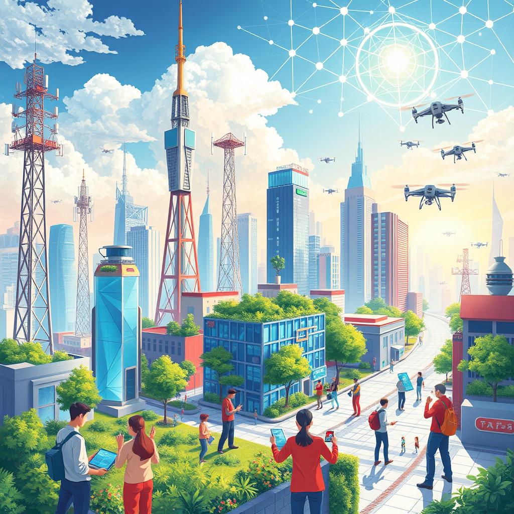 A vibrant illustration showcasing various aspects of ICT (Information and Communication Technology) development, depicting a futuristic cityscape where technology and connectivity flourish
