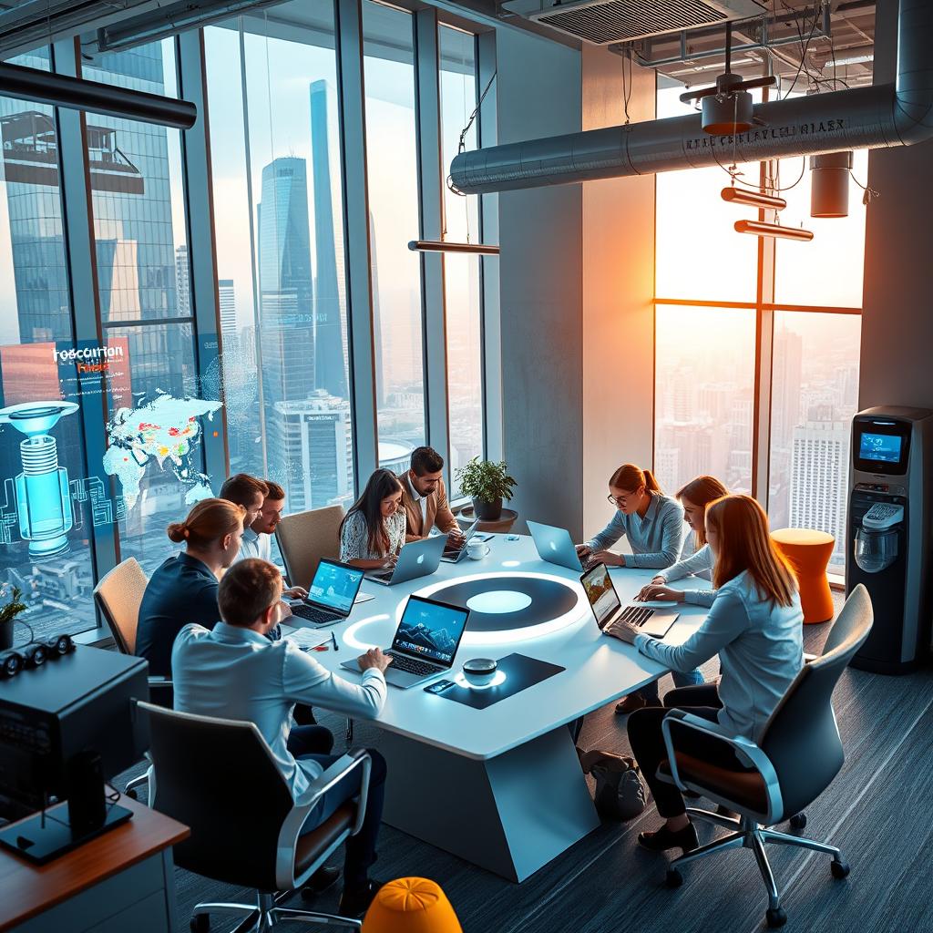 A cutting-edge ICT company office environment filled with advanced technology and stylish design