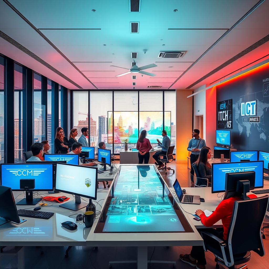 A vibrant ICT company office environment filled with state-of-the-art technology and a stylish layout