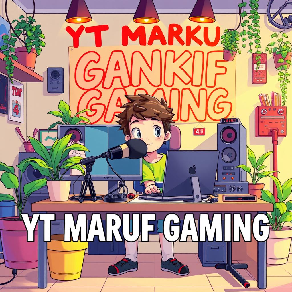 A vibrant and lively anime-style illustration featuring a 14-year-old boy sitting at a computer desk with a microphone and a laptop