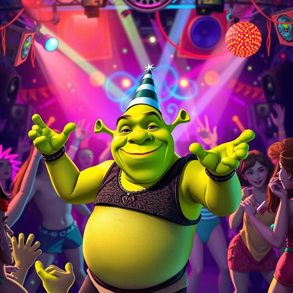 A lively and colorful scene featuring Shrek joyfully twerking at a vibrant rave party
