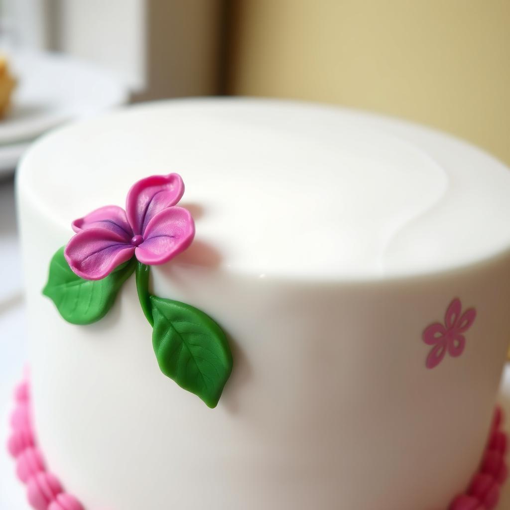 A beautifully decorated white cake with a delicate icing design featuring a vibrant flower adorned with two lush green leaves