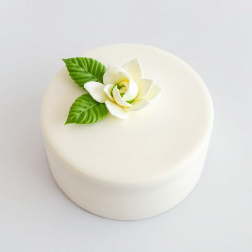 A beautifully designed cake featuring a smooth white surface with organic icing decoration on top