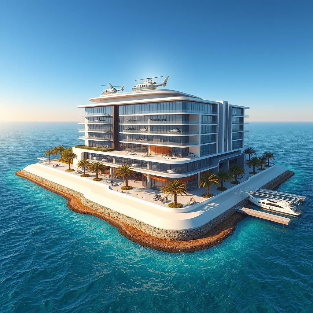 A stunning architectural rendering of a modern development on a private island in the UAE