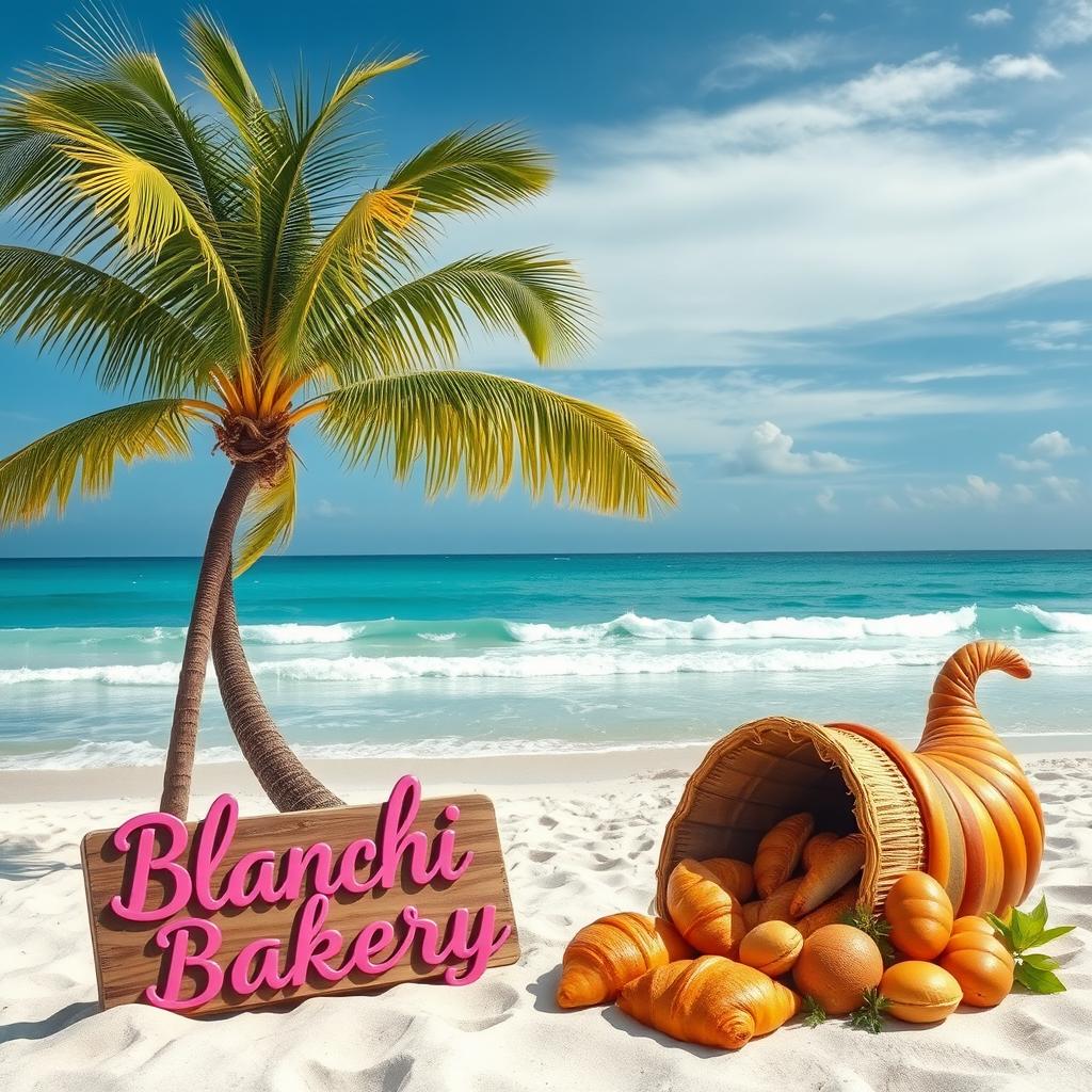 A breathtaking beach scene featuring two elegantly bent arch coconut trees, their fronds swaying gently in the breeze
