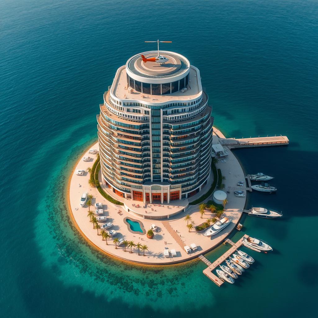 A stunning aerial view of a luxurious private island in the UAE featuring a modern ground floor mall bustling with activity, elegantly designed above is a chic hotel occupying the first floor, and atop that, a sleek helipad for helicopters