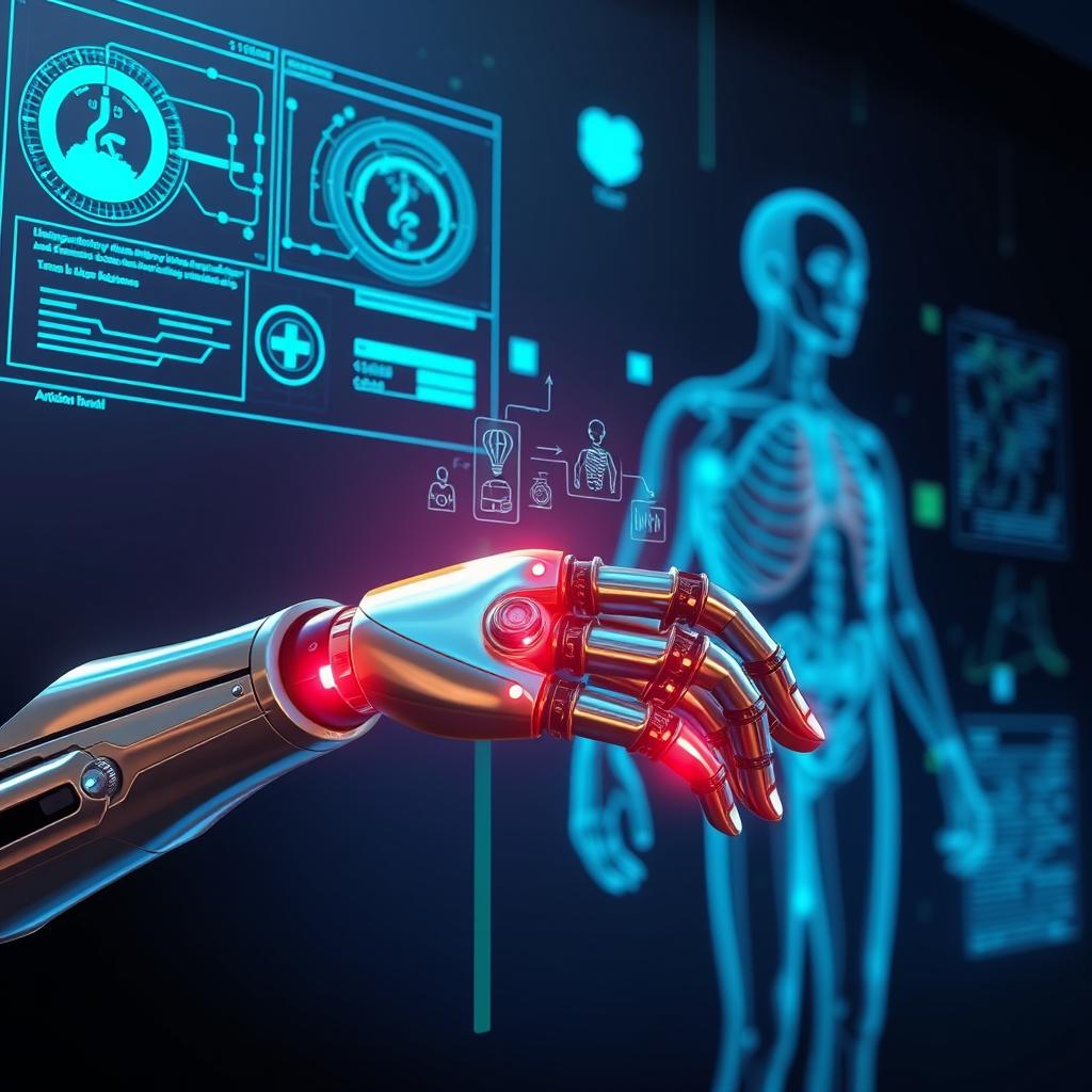 A stylized image of a sleek, futuristic robot arm interacting with complex medical data displayed holographically