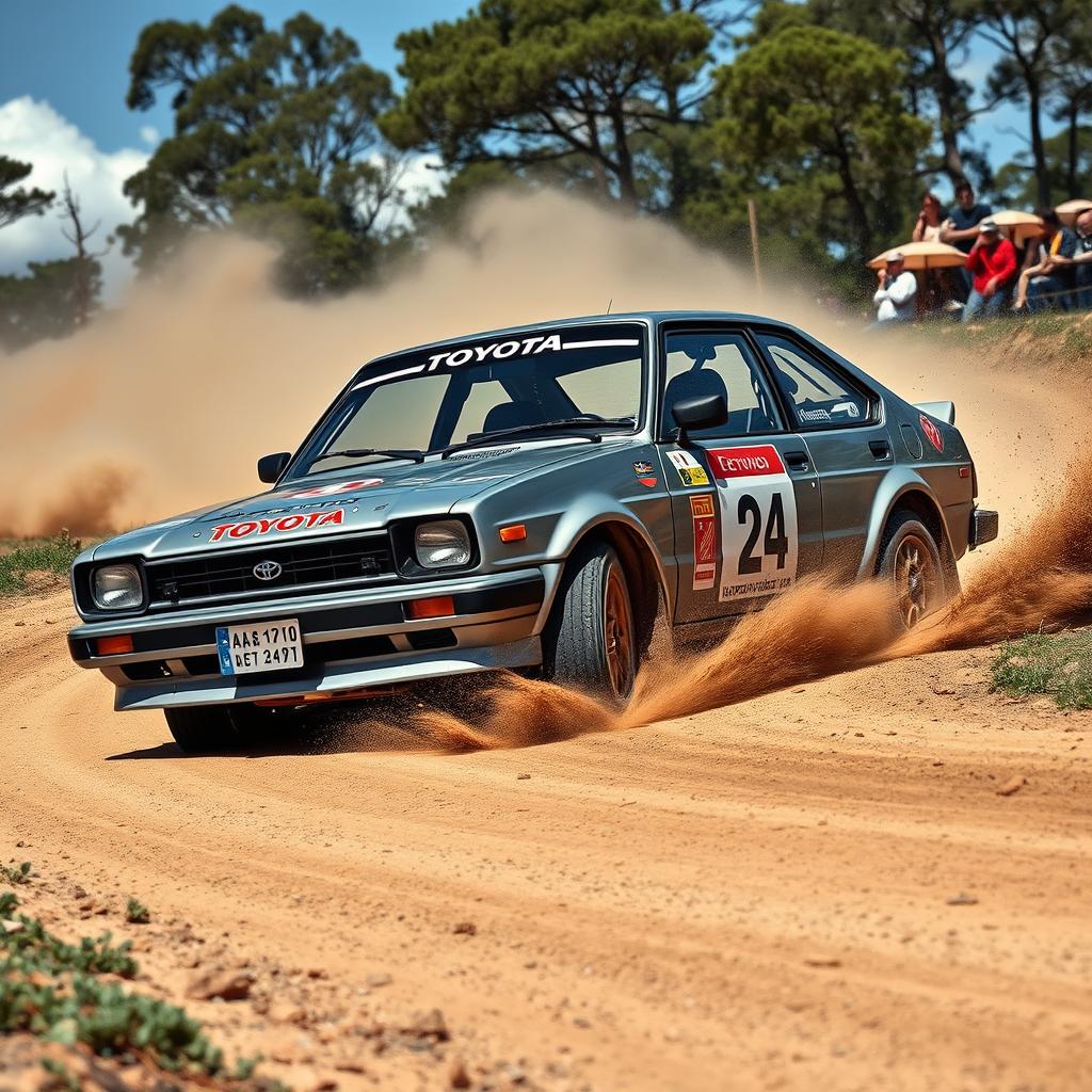 A striking image of a Toyota Corolla AE111 rally car in a sleek grey metallic finish, racing through a rugged dirt rally track