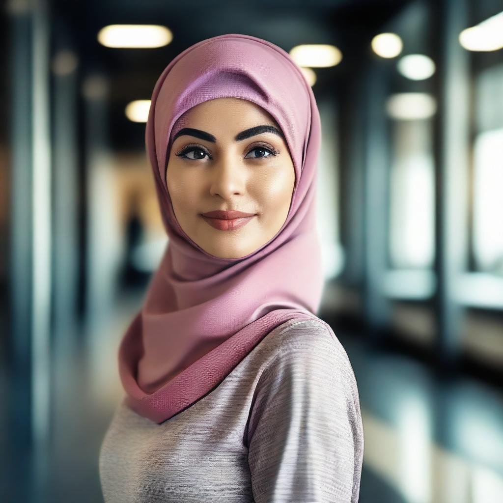 A confident woman in elegant hijab sportswear, actively working out in a modern, well-equipped gym.