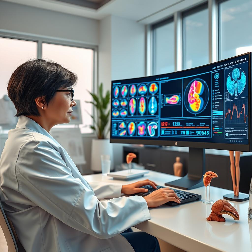 A doctor in a modern, well-lit medical office, deeply focused on analyzing medical images using an advanced AI-powered interface