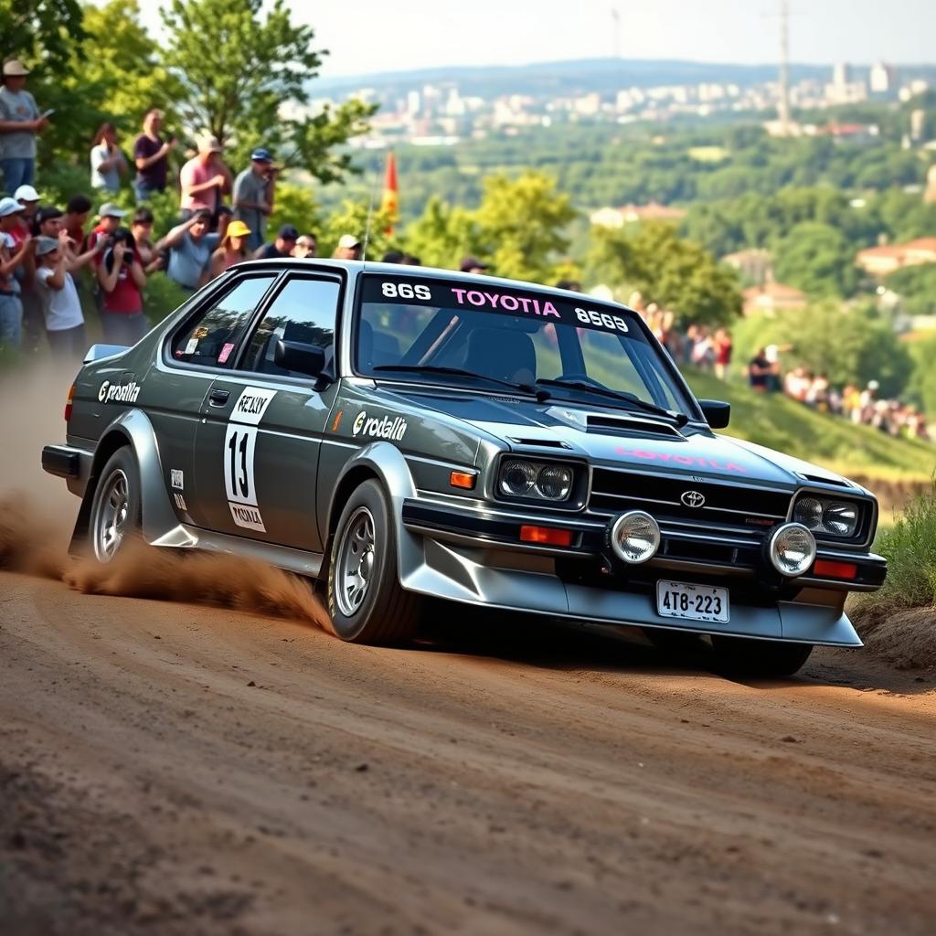 An eye-catching portrayal of a classic 8th generation Toyota Corolla, designed with a rally aesthetic in a stunning grey metallic color
