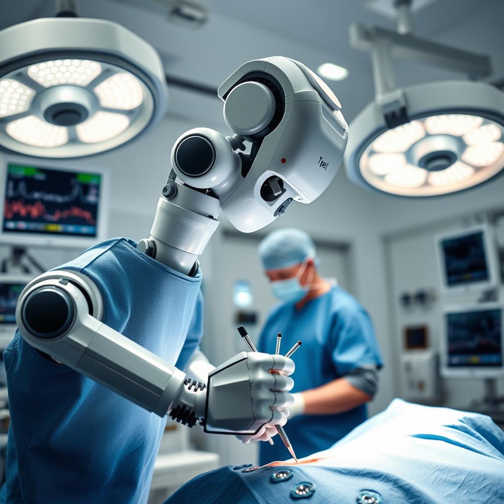 A sophisticated surgical robot in action during a delicate operation, showcasing its articulated robotic arms and advanced technology