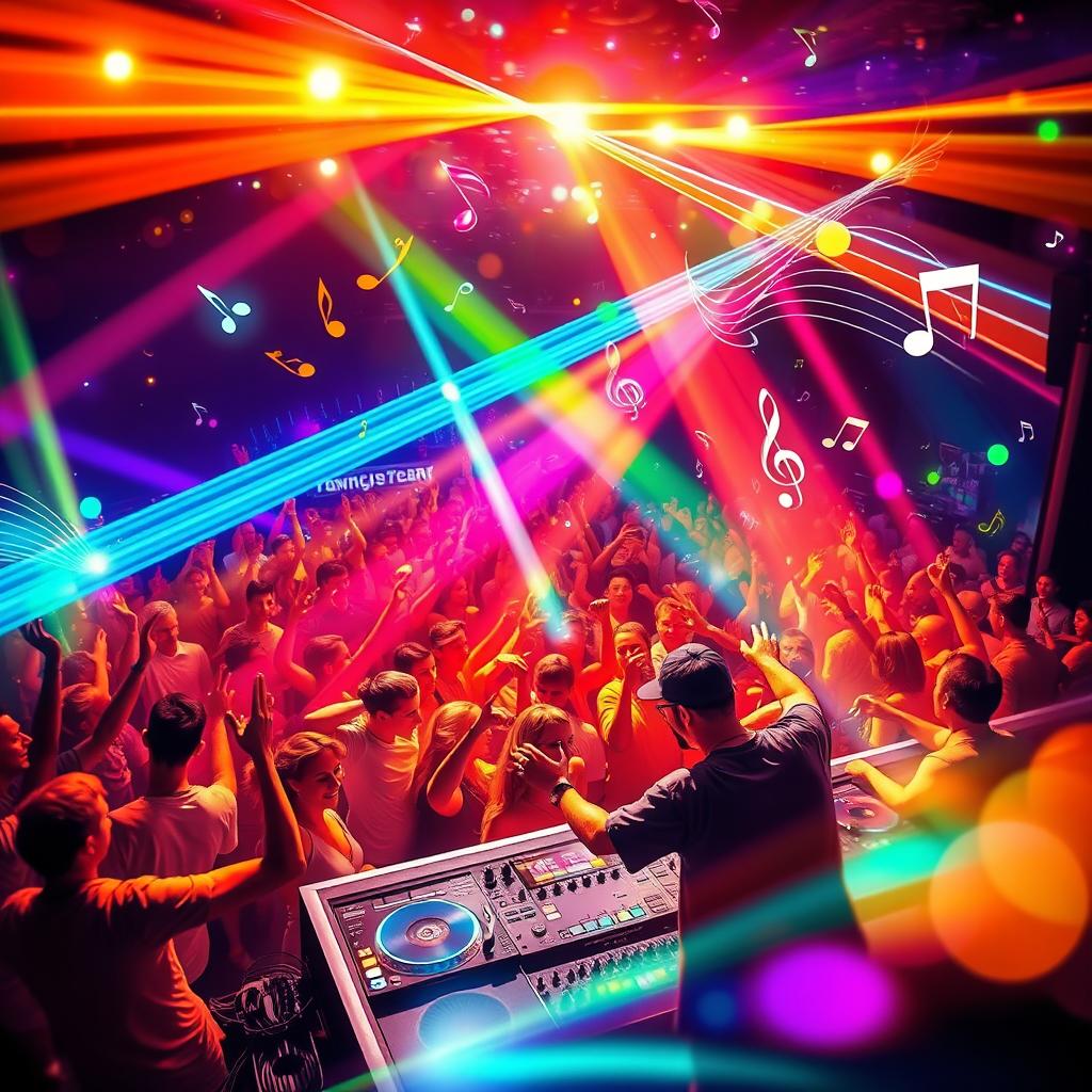 A dynamic and energetic depiction of a BPM (Beats Per Minute) music scene, featuring vibrant colors and abstract shapes representing sound waves