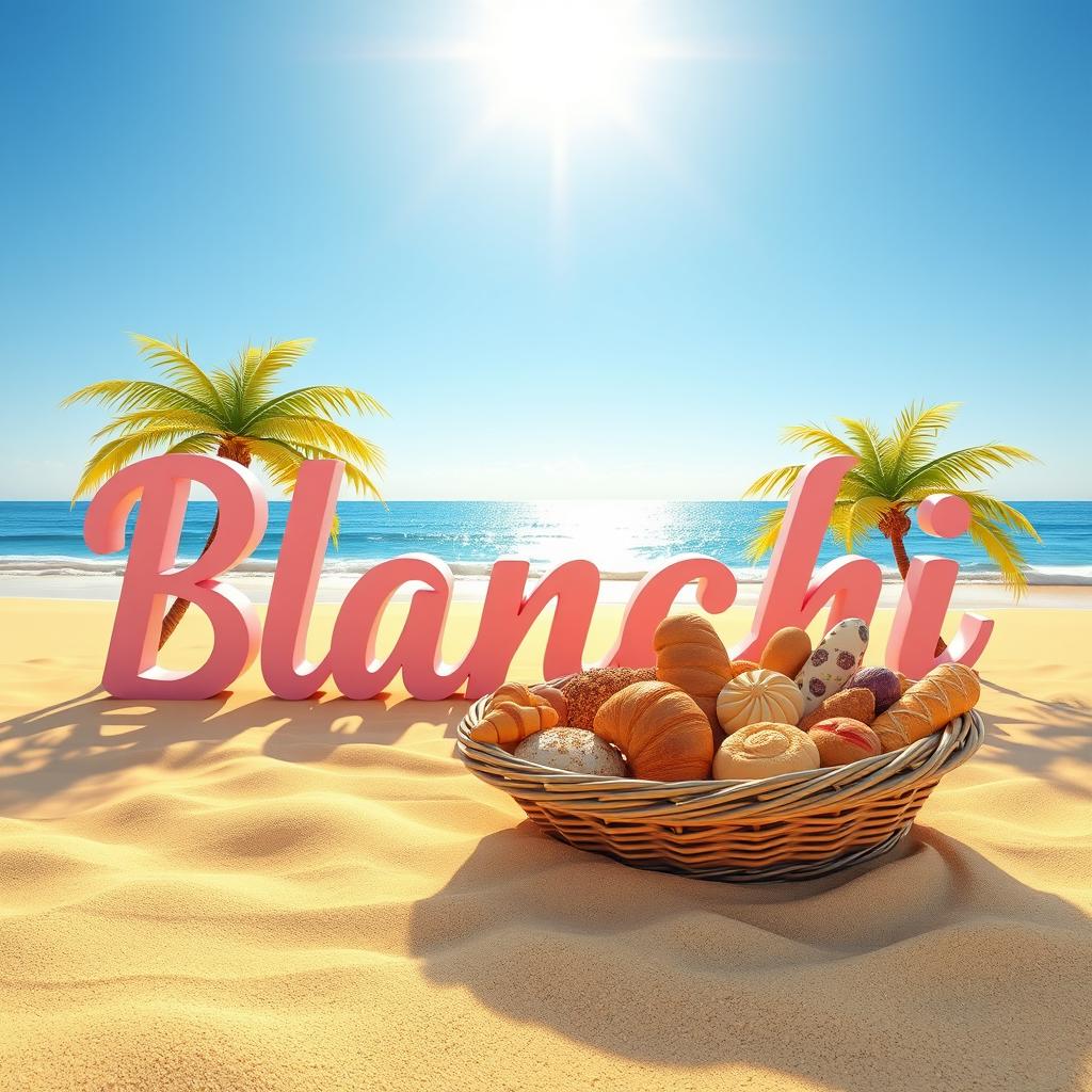 A stunning 3D render of a picturesque beach scene featuring golden sand and gentle waves lapping at the shore