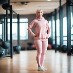 A confident woman in elegant hijab sportswear, actively working out in a modern, well-equipped gym.