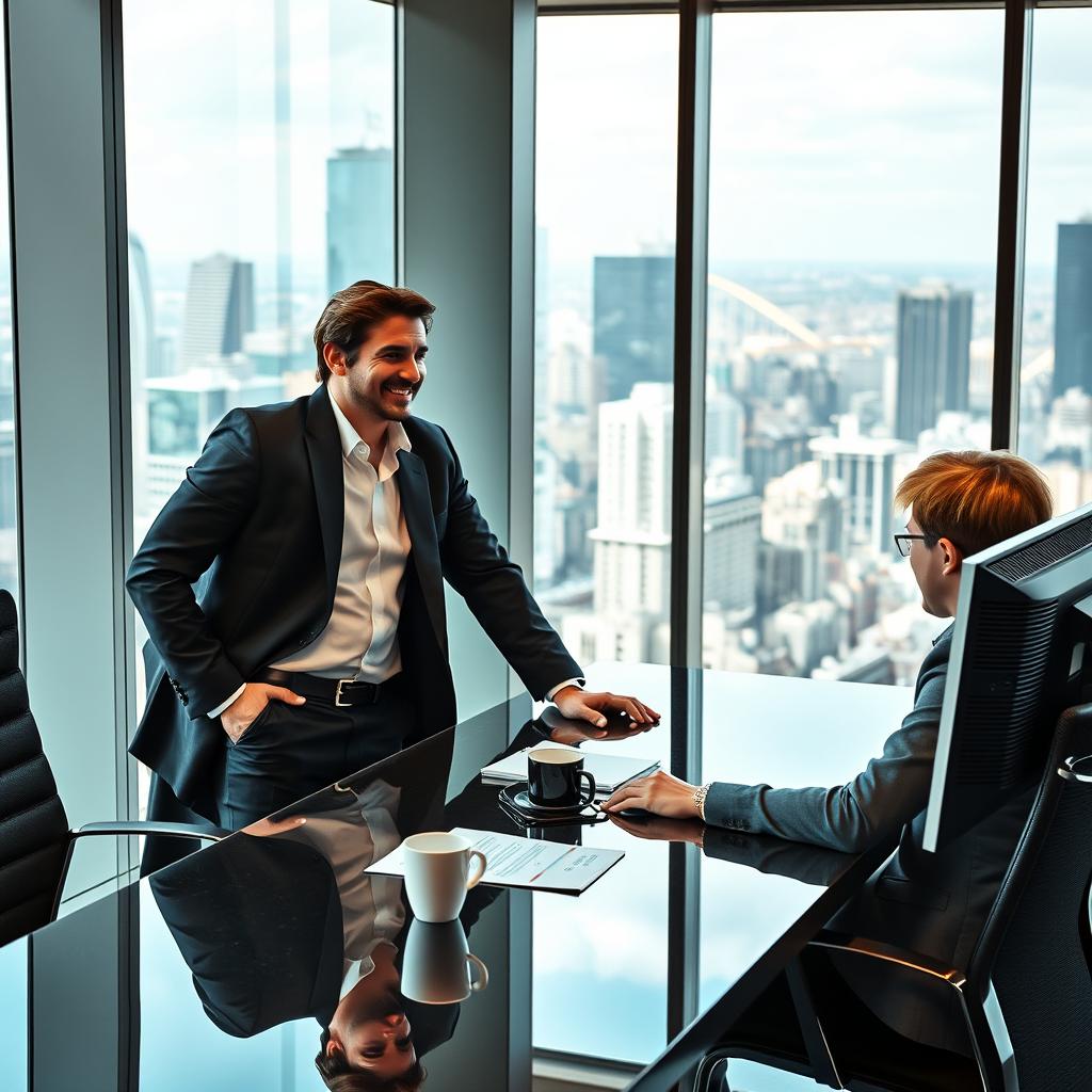 An engaging scene featuring a handsome CEO in a modern office environment, interacting with his introverted employee
