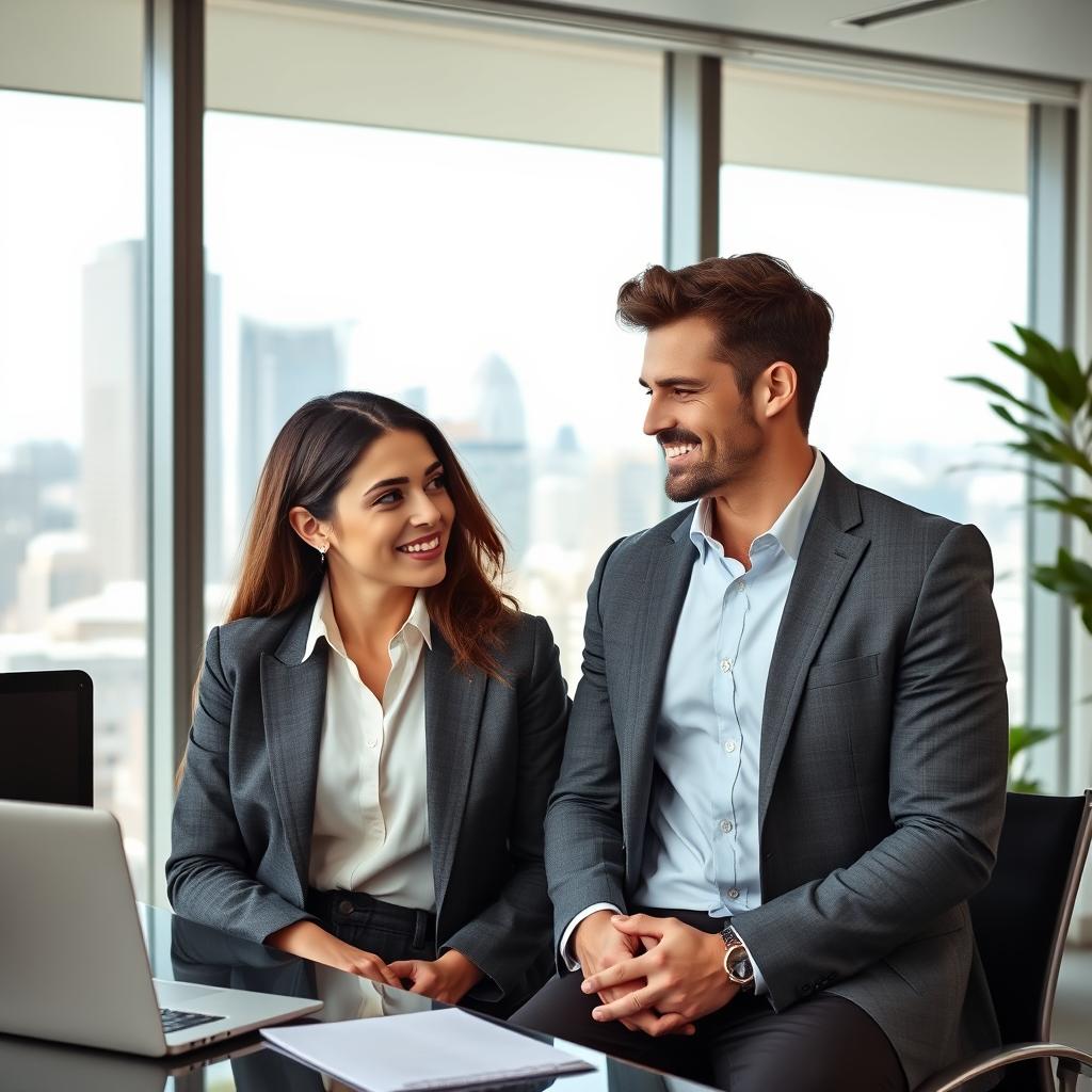 A professional and engaging scene featuring a handsome CEO and his introverted female employee in a sleek corporate office