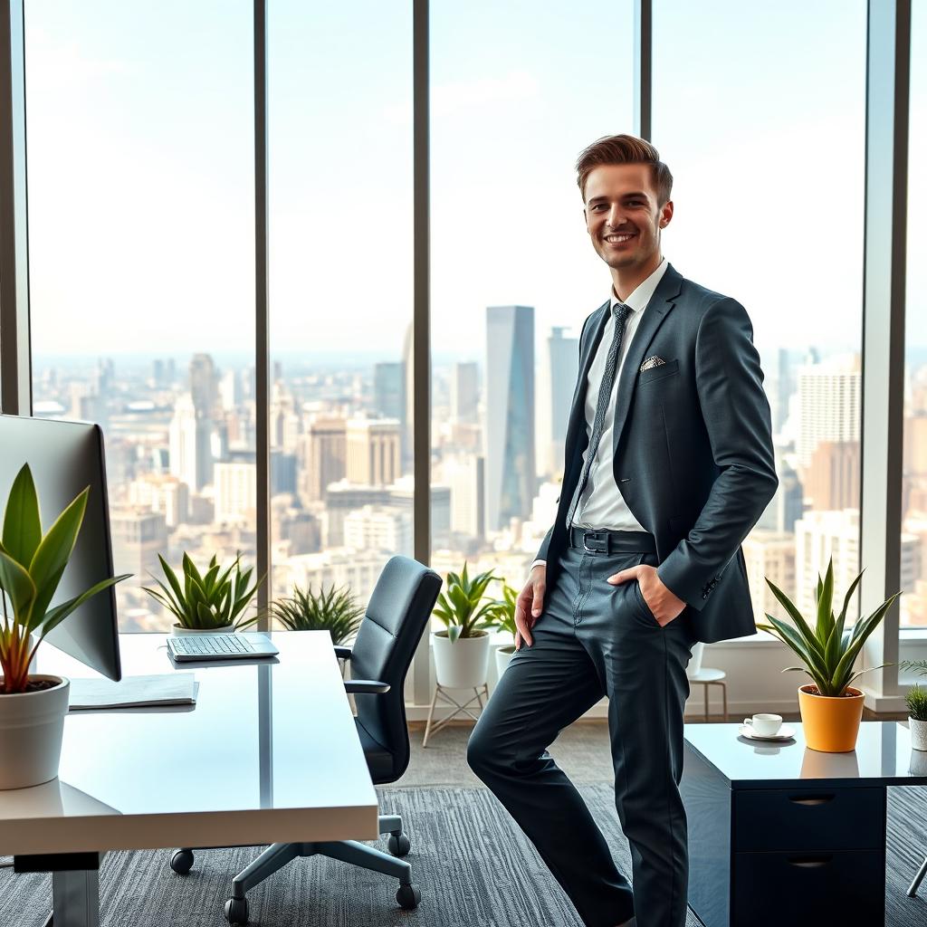 A vibrant and dynamic scene featuring a young, handsome CEO in a modern office, interacting with his introverted female employee