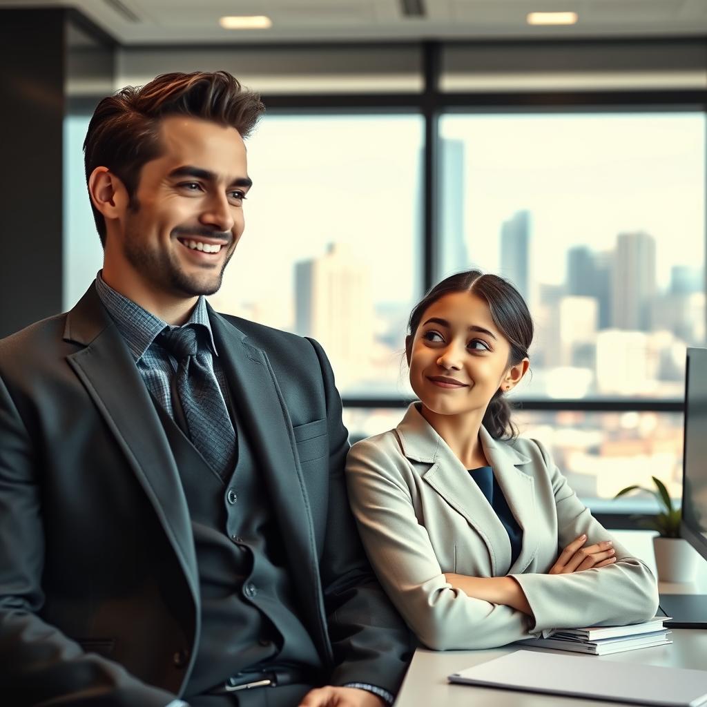 An engaging and charming scene portraying a handsome CEO alongside his innocent and naive female employee in a corporate setting