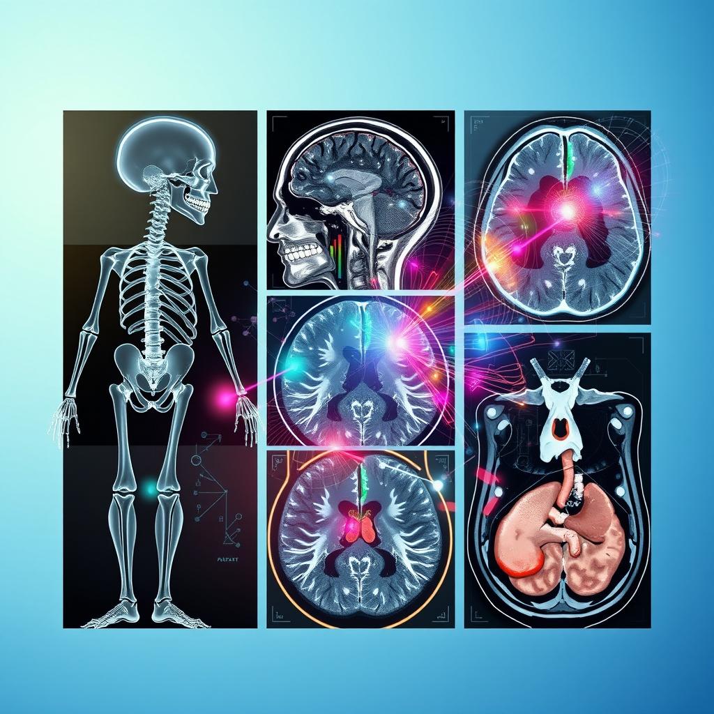 A detailed and informative collage showcasing various medical imaging techniques including an X-ray image of a human skeleton, an MRI scan revealing brain structures, and a CT scan depicting internal organs