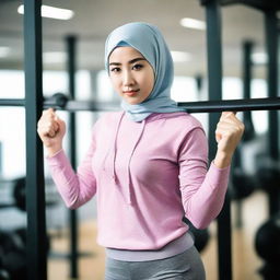 A young, beautiful Muslim Chinese girl wearing hijab sportswear, confidently working out in a gym and lifting weights.