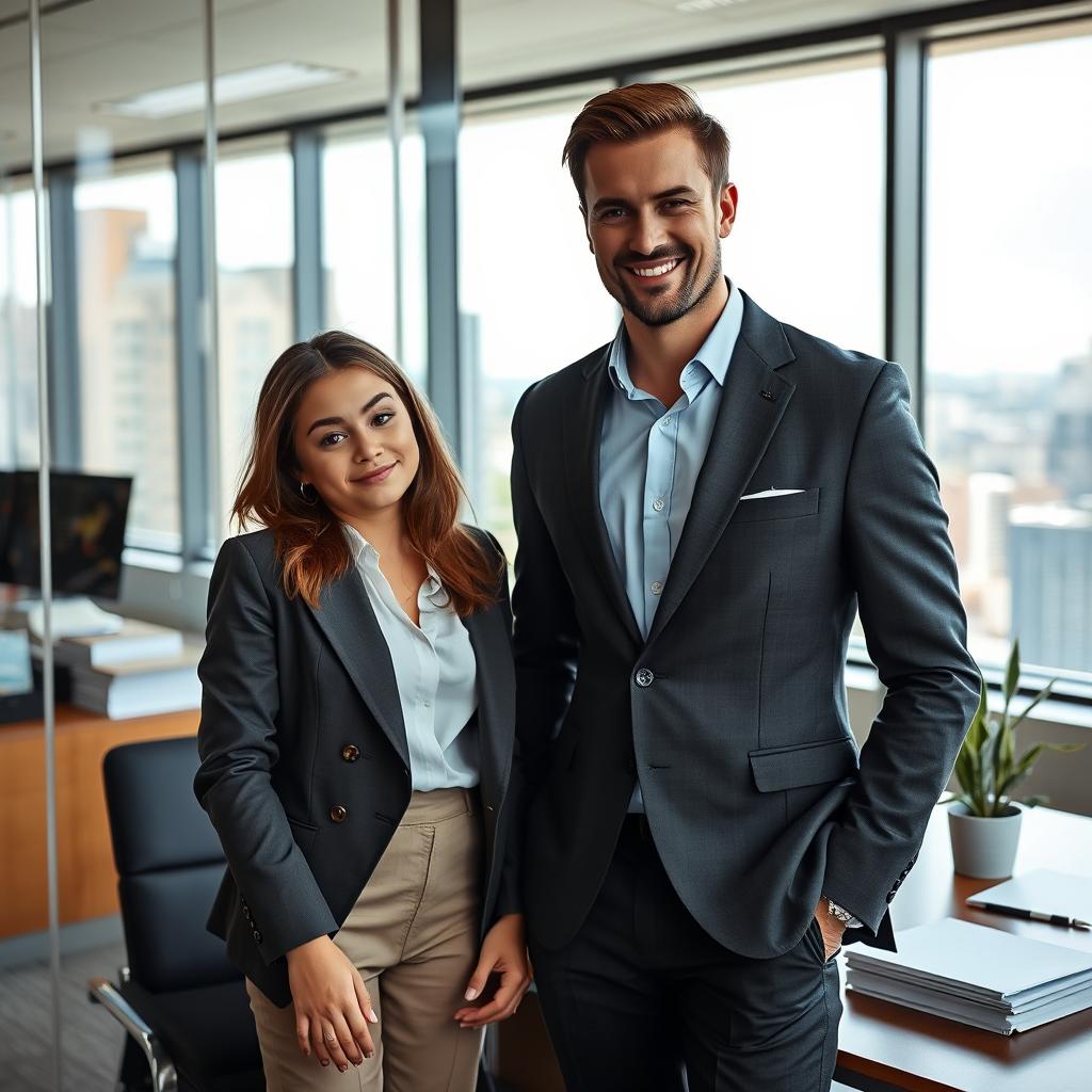 A captivating scene showcasing a handsome CEO alongside an innocent and naive young woman in a corporate environment