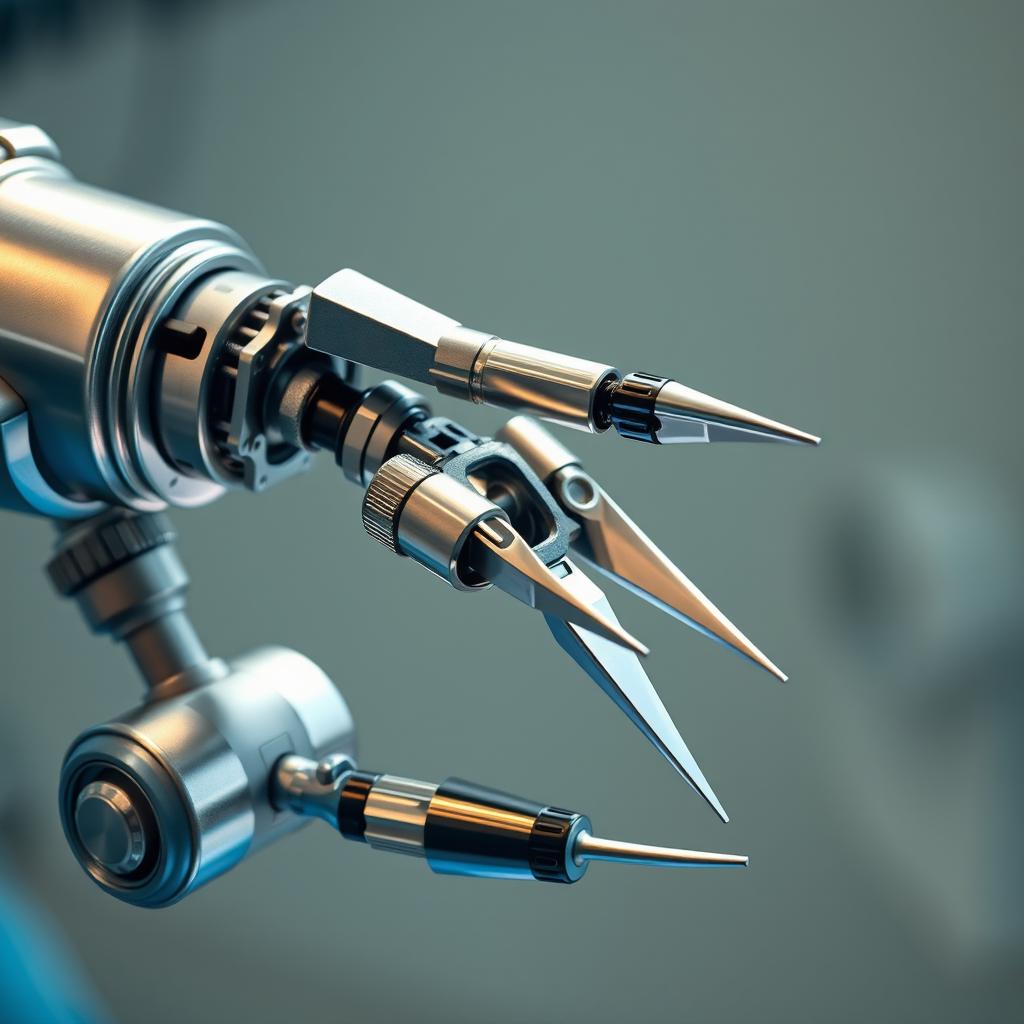 A detailed close-up view of a surgical robot's arm and its precision instruments, showcasing intricate mechanical parts and advanced technology