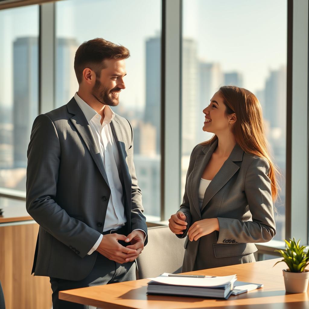 A charming scene depicting a handsome CEO and an innocent, naive young woman in a corporate office setting