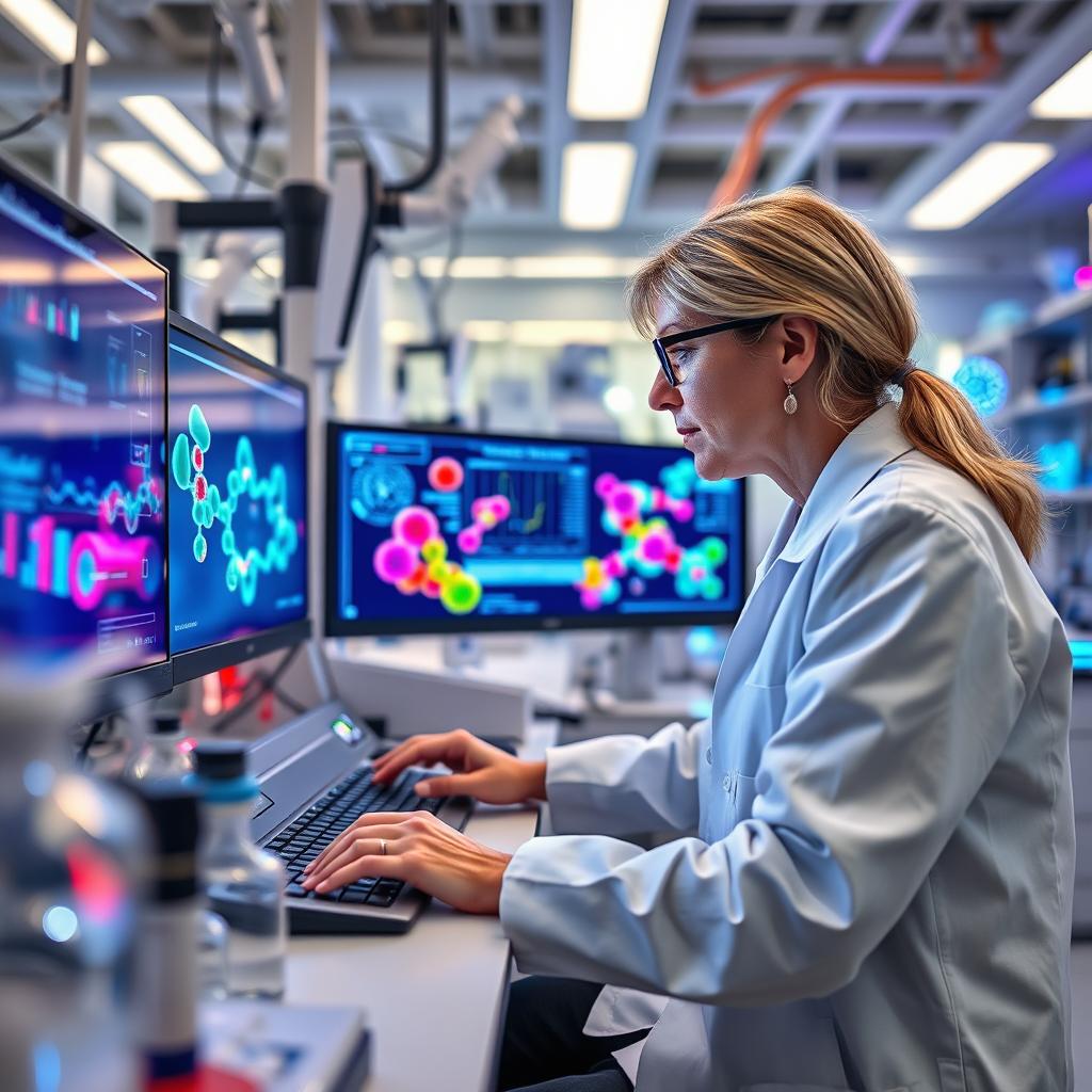 A dedicated scientist intently working at a high-tech computer, using advanced AI software to design intricate drug molecules