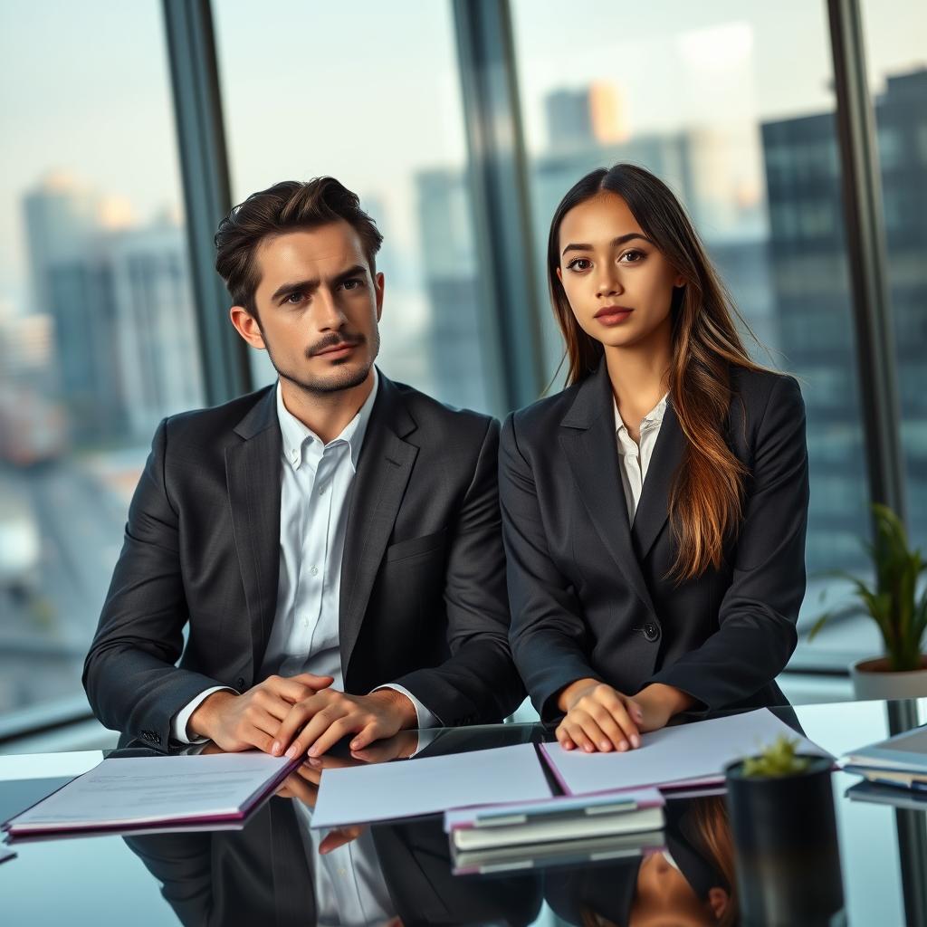 A thought-provoking scene featuring a handsome CEO alongside an innocent and naive young woman in a corporate office setting