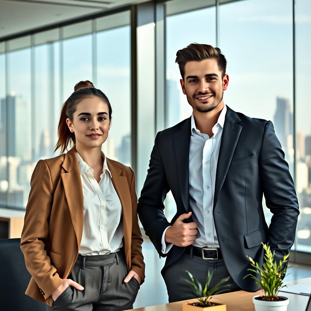 A striking scene featuring a young and handsome CEO standing confidently beside a naive, innocent young woman in a modern office environment