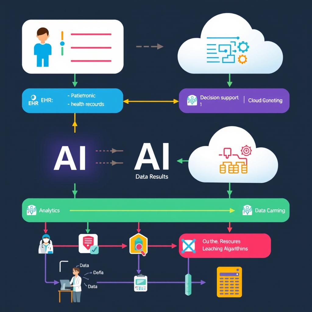 A detailed visual representation of data flow in an AI healthcare system, illustrating various components such as patient data input, AI processing, analytics, and output results