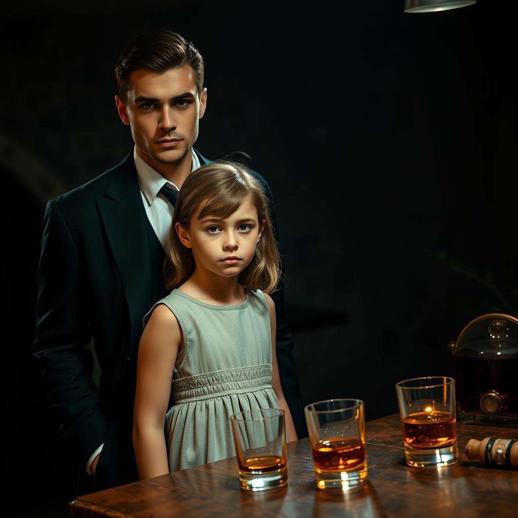 An intense and captivating scene featuring a young, handsome mafia figure exuding charisma and power, standing confidently in a dimly lit underground setting