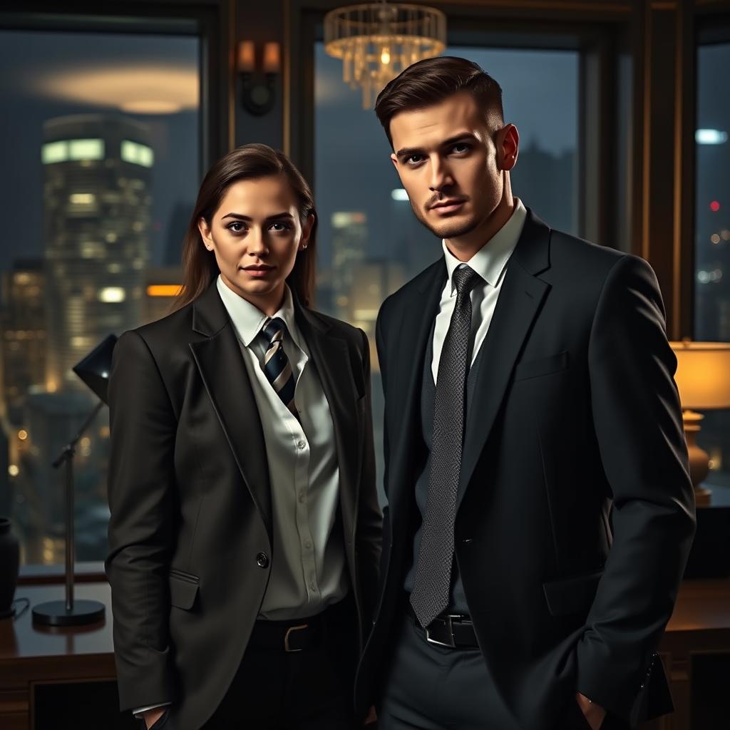 An intriguing scene featuring a young and handsome mafia CEO exuding confidence and charisma, standing next to an innocent and naive young woman in a dimly lit, stylish office