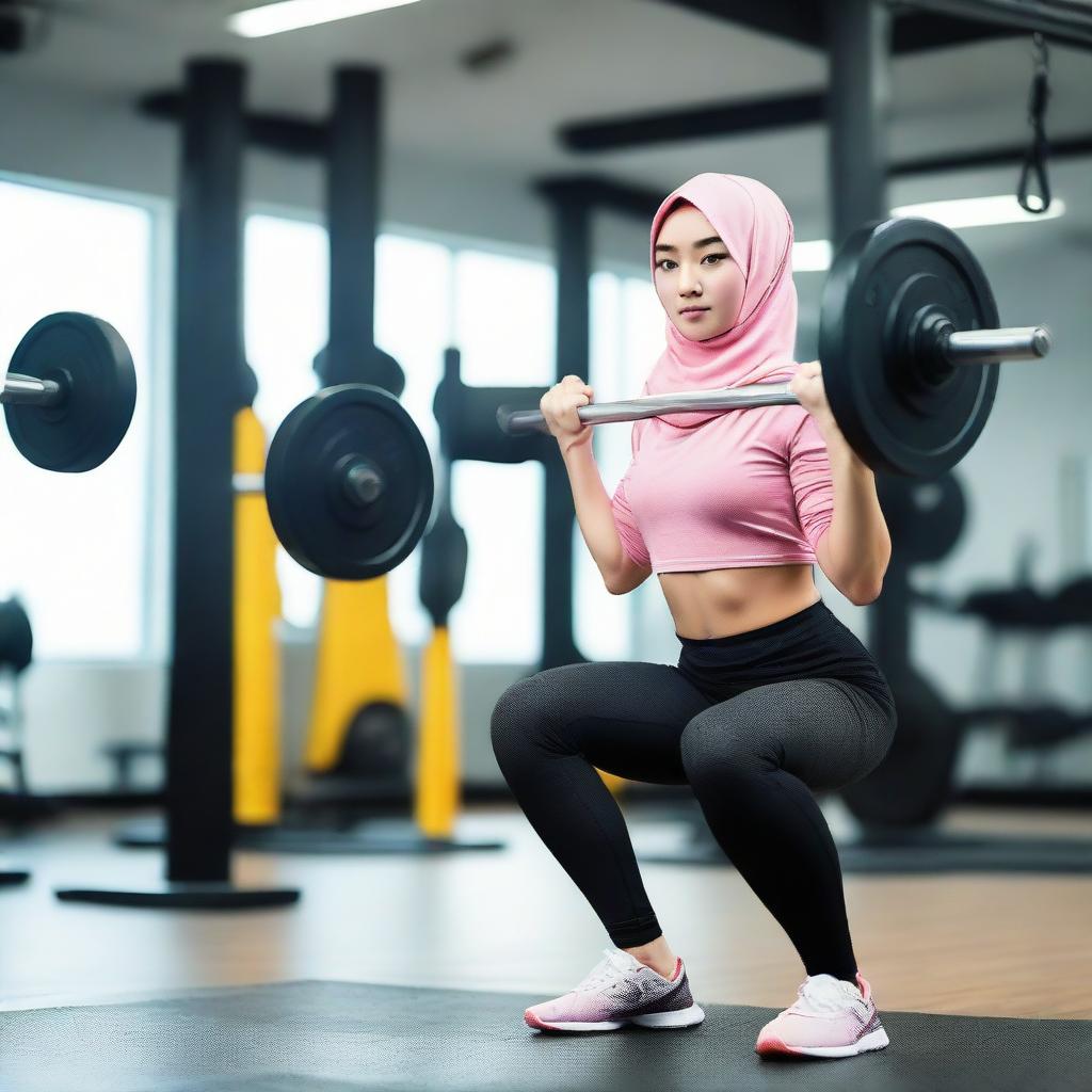 A young, beautiful Muslim Chinese girl wearing hijab sportswear, confidently working out in a gym and lifting weights.