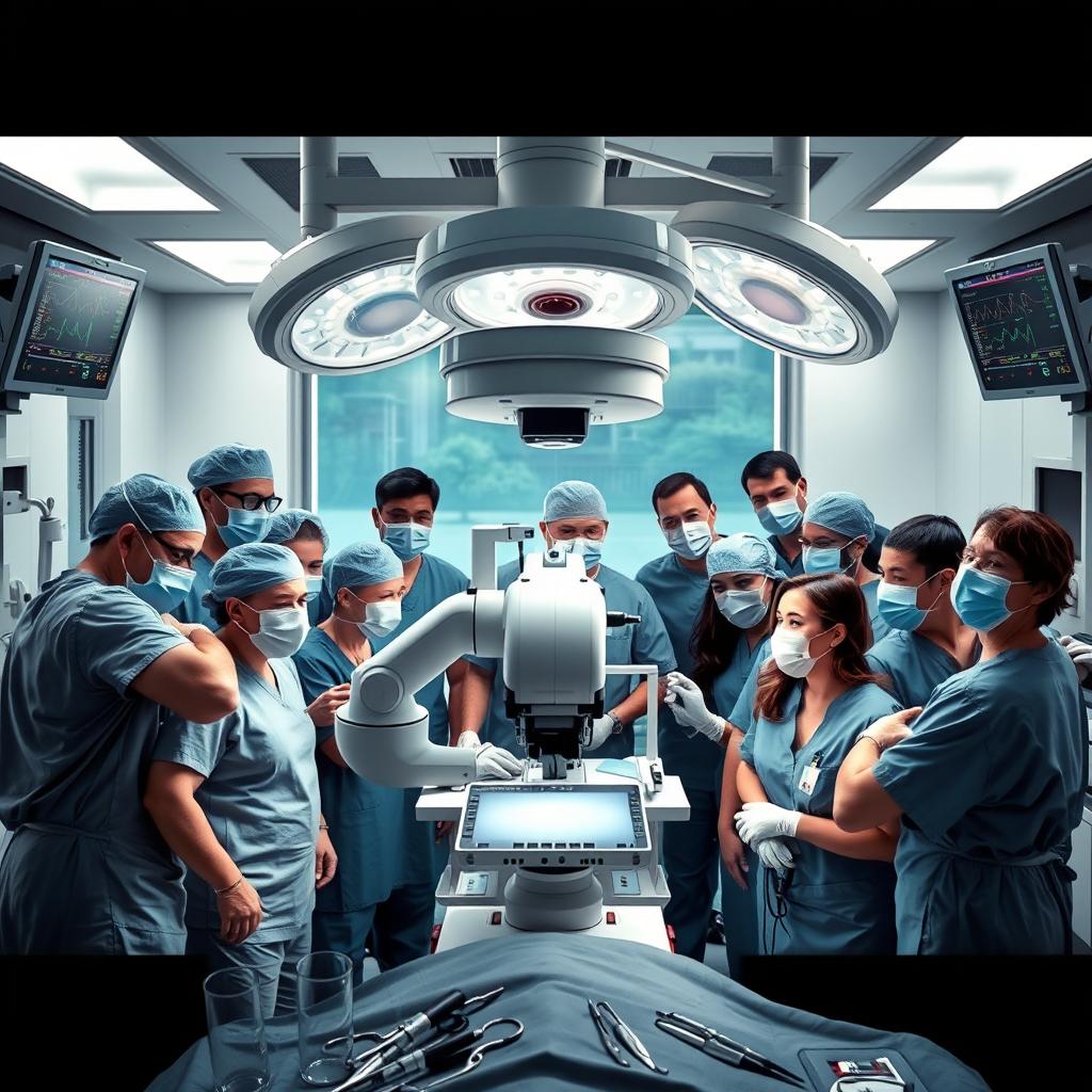 A dynamic and intense scene in a modern operating room, featuring a surgical team composed of diverse medical professionals in scrubs and surgical masks