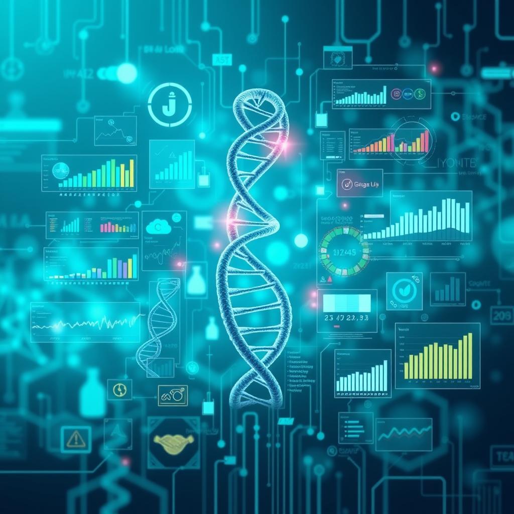 An artistic representation of personalized medicine featuring a prominent DNA helix at the center