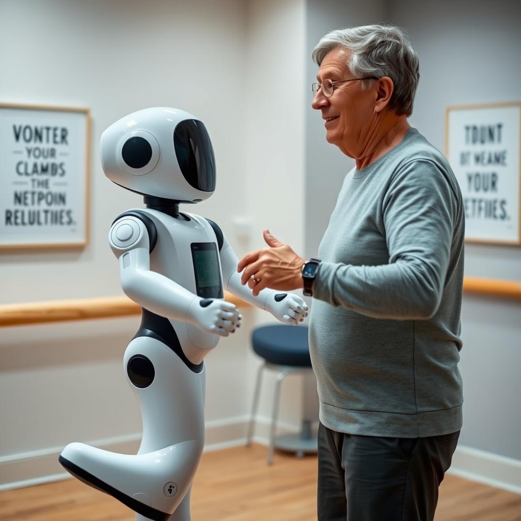 A patient undergoing physical rehabilitation with the help of an advanced rehabilitation robot designed for aiding mobility recovery