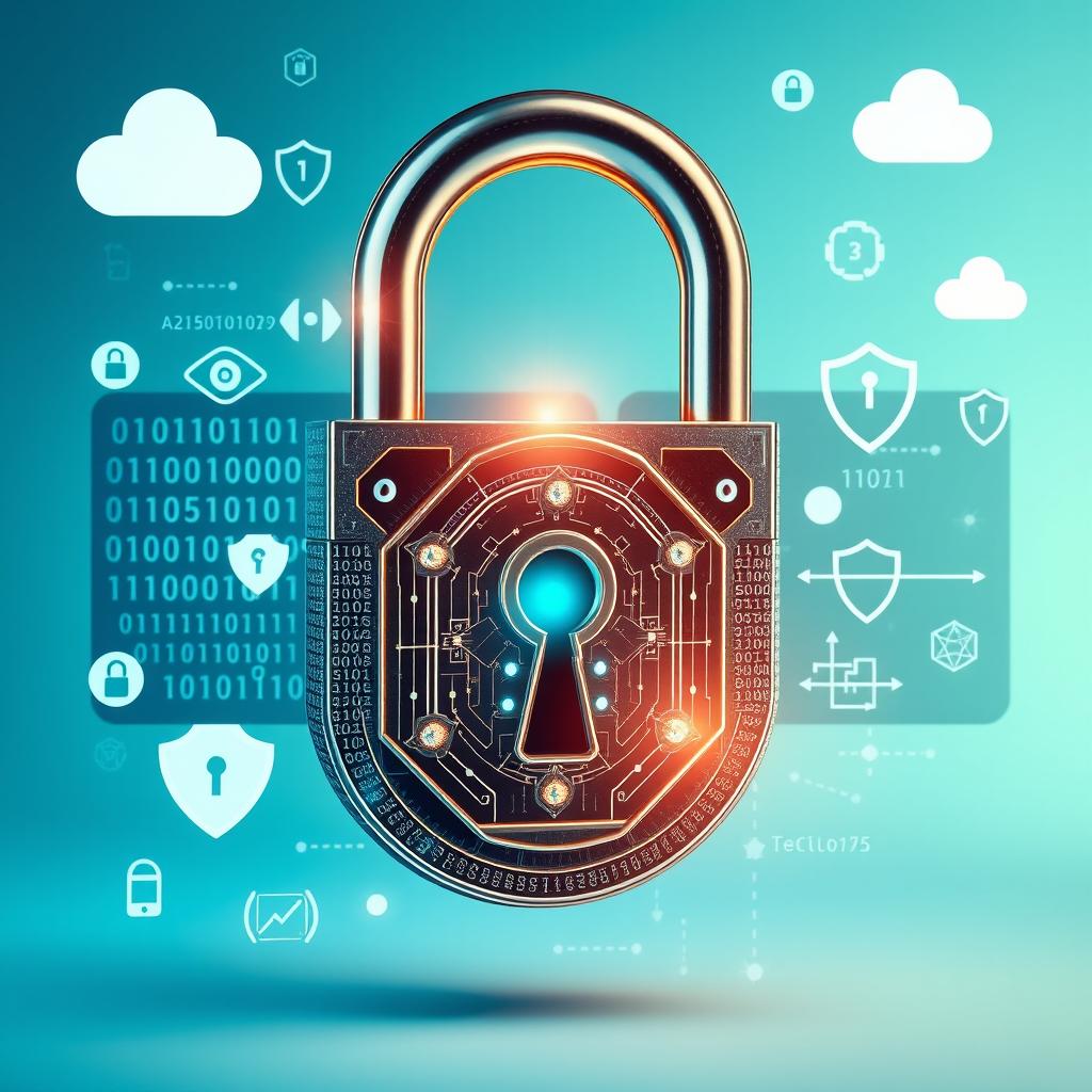 A captivating image symbolizing data security featuring a large, intricate padlock with a shining key inserted, surrounded by floating digital symbols like binary code, circuit patterns, cloud icons, and shield emblems