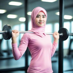 A young, beautiful Muslim Chinese girl wearing hijab sportswear, confidently working out in a gym and lifting weights.