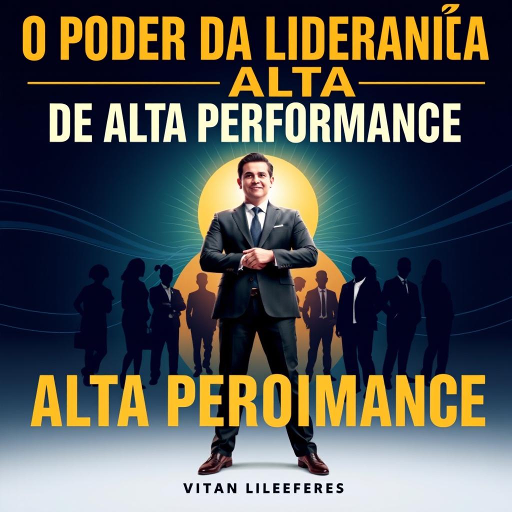 A book cover titled "O PODER DA LIDERANÇA DE ALTA PERFORMANCE" showcasing a strong and inspiring leader standing confidently at the forefront, with a sunrise symbolizing new beginnings and opportunities behind them