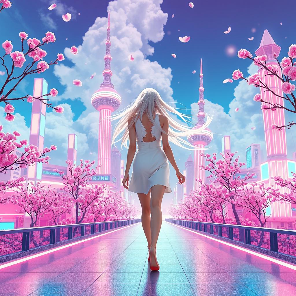 In a surreal vaporwave cityscape filled with pink and blue gradients, a lone woman walks confidently down a shimmering pathway